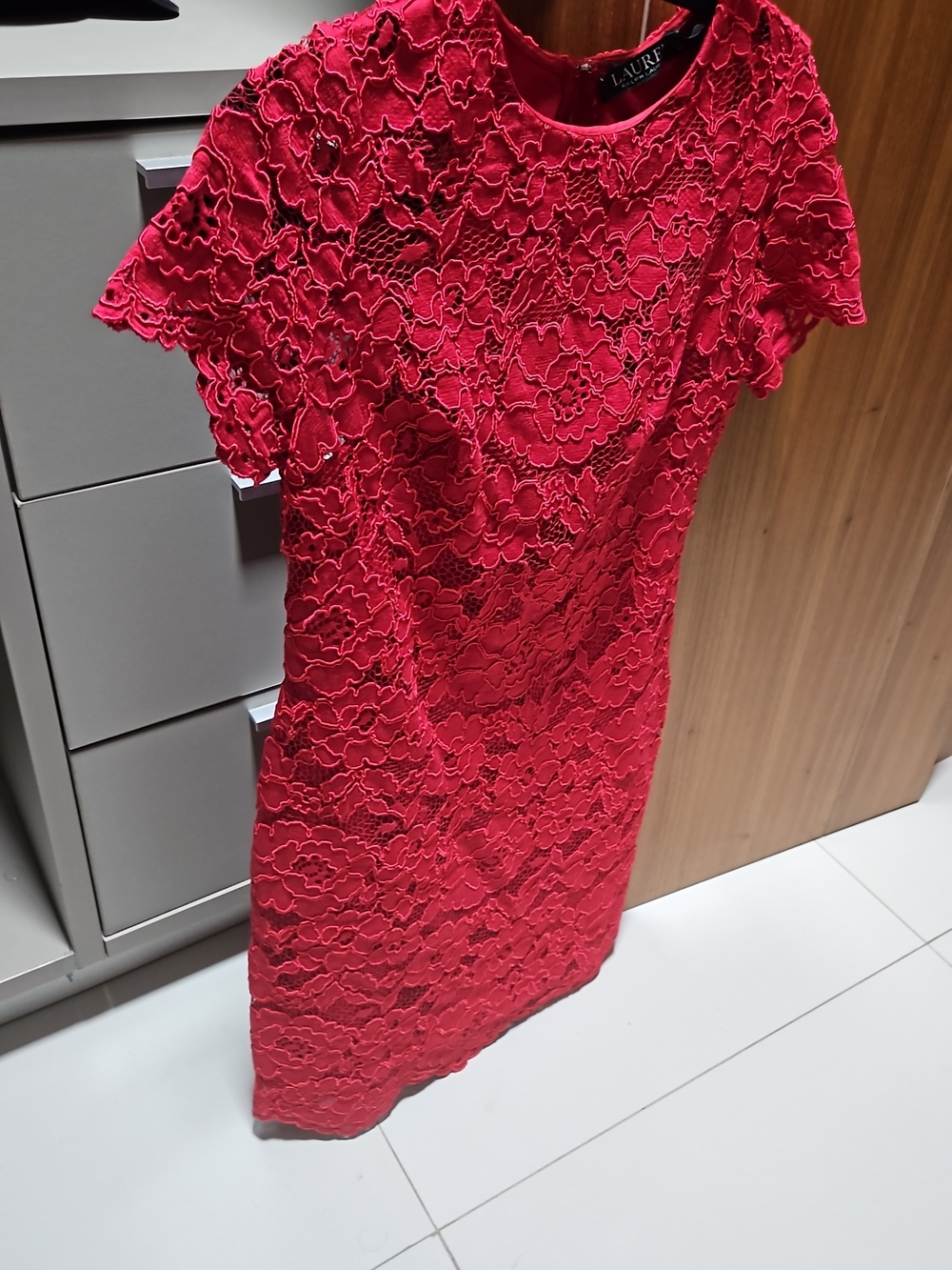 Lauren Ralph Lauren Red Floral Lace Midi Dress